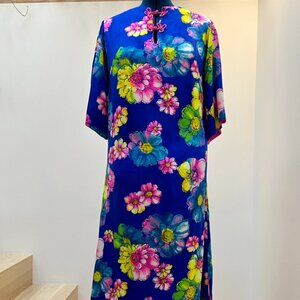 Vintage Pake Muu, Bright Floral Tiki Dress, Blue, Pink and Yellow, Large